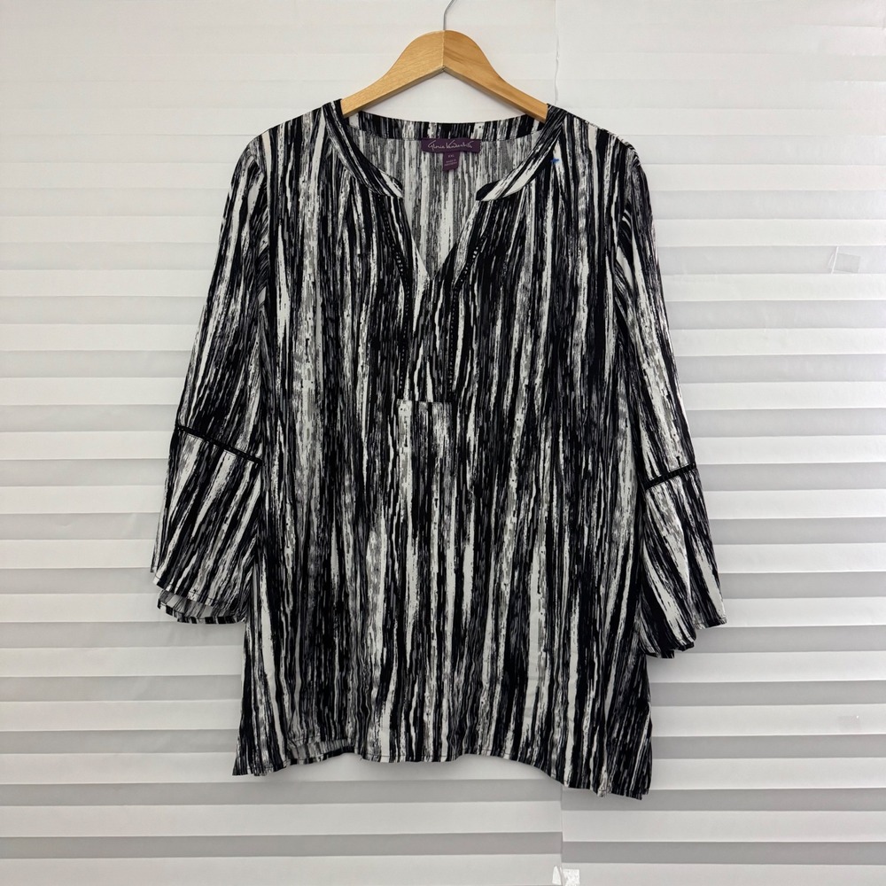 Gloria‎ Vanderbilt Womens XXL Black White Abstract Print Bell Sleeve Tunic Top